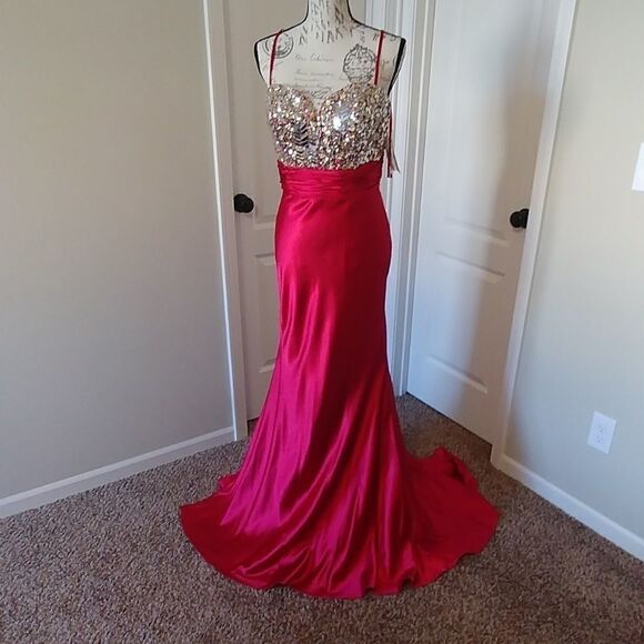 NWT Beaded Bust Red Satin Jeweled Flirt by Maggie Sottero Sheath Prom 10 - Picture 1 of 10